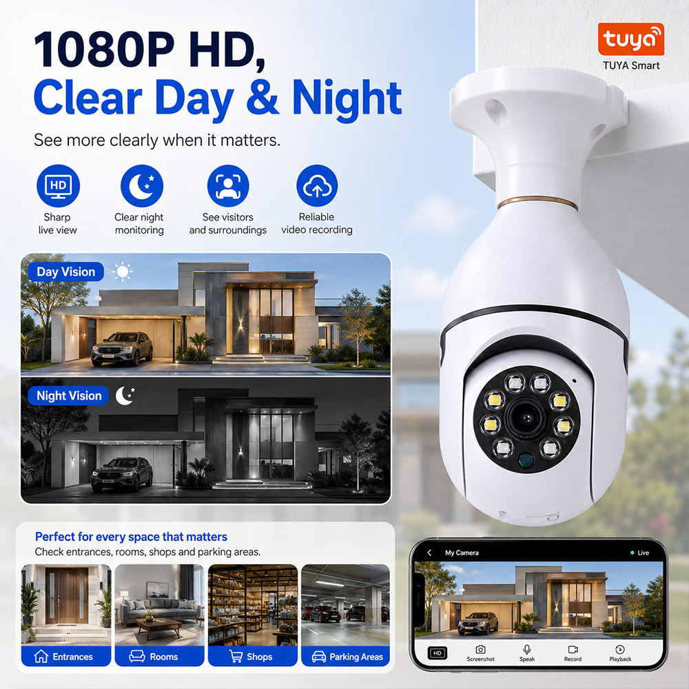 Outdoor Lighting No Electricity - กล้องหลอดไฟ Tuya ไร้สาย ความละเอียด 2MP HD